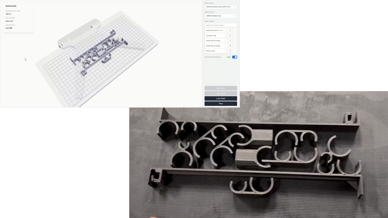 3D printed brackets on Mark Two build plate and showing pre-print file in Eiger